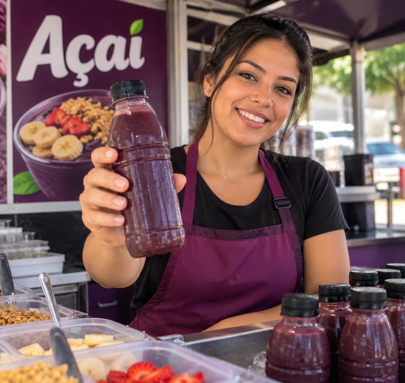 Vendedora apresentando uma garrafa de açaí